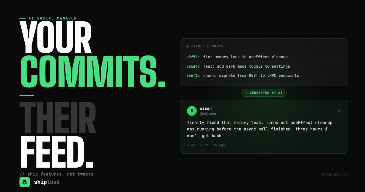 shiploud - Turn your GitHub commits into social posts with AI